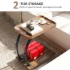 HOMCOM C Shaped Side Table with Storage, Mobile 2-Tier Bedside Table with Tray Top, Wheels, Steel Frame for Living Room, Bedroom, Brown