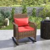 Outsunny Garden Rocking Chair, Outdoor Rattan Rocker Lounge Chair with Seat and Back Cushions, Patio Armchair Seat with All-weather Wicker, Steel Frame for Porch Balcony, Red