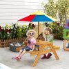 Outsunny Kids Picnic Table 3 in 1 Sand Pit Table Wooden Garden Furniture Bench Sand and Water Pit, with Removable Parasol, for Ages 3-6 Years Outdoor