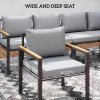 Outsunny 6 Piece L Shaped Garden Furniture Set, 9 Seater Outdoor Corner Sofa Set with 3 Loveseats, Bench, Chair, Wide and Deep Seats, WPC Top Coffee Table, Thick Cushions, Natural Wood Finish