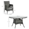 Outsunny 7-Piece PE Rattan Garden Furniture Set, Wicker Outdoor Dining Set with Cushions, Umbrella Hole & Round Glass Top Table, 6 Seater Garden Table and Chairs for Patio, Balcony, Mixed Grey