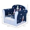 HOMCOM Children's Armchair Flannel Kids Sofa Tub Chair Cartoon Rocket Pattern Wooden Frame Bedroom Playroom Seater Blue