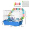 PawHut Hamster Cage, Gerbil Cage 3 Tier for Dwarf Hamster with Tube, Exercise Wheel, Water Bottle, Food Dish 59 x 36 x 47 cm- Blue