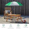 Outsunny Kids Picnic Table, Wooden Sand and Water Table with Benches, Adjustable Parasol, Storage Bins, Outdoor Garden Furniture for Kids 3-6 Years, Brown