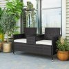 Outsunny 2 Seater Rattan Sofa with Cushions, Wicker Garden Loveseat with Armrests, Outdoor Garden Sofa Couch with Metal Frame for Patio, Black