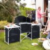Outsunny Portable Camping Kitchen with Aluminium Frame, Fold-Up Cooking Table With Windscreen and 3 Enclosed Cupboards for BBQ, Party, Picnic, Black