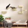 PawHut 4PCs Wall Mounted Cat Tree Cat Wall Shelves Furniture Climbing Shelf Set Kitten Activity Centre w/ Hammock, Scratching Post - Beige