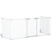 PawHut Pet Safety Gate, 5 Panels Playpen Fireplace, Metal Fence, Stair Barrier, Room Divider w/ Walk-Through Door - White