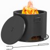 Outsunny Outdoor Round Fire Pit with Lid, Wood Burning Firepit with Fire Poker and Floor Mat for Patio Bonfire BBQ Camping, Black