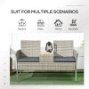 Outsunny 2 Seat Rattan Garden Bench, Patio Wicker Chair with Glass Tea Table, Outdoor Love Seat with Padded Cushions, for Garden, Porch, Mixed Grey/Grey