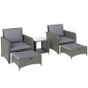 Outsunny 5 Piece Rattan Garden Furniture Set, Wicker Patio Conversation Set with 2 Chairs, 2-Tier Coffee Table, 2 Ottomans and Thick Cushions for Outdoor, Balcony, Bistro, Porch, Grey