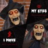 HOMCOM 190cm Witch with Broomstick Outdoor Halloween Decoration, Halloween Animatronic with Sound Activated, Light Up Eyes, Sound Effects, Animated Prop for Haunted House