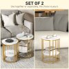 HOMCOM Round Coffee Table Set of 2, Marble-Effect Side Tables with Storage Open Shelf and Steel Frame for Living Room, Bedroom, Gold Tone