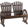Outsunny 2 Seater Garden Bench, Comfortable Fir Wood Love Chair with Wagon Wheel-Shaped Armrests, Outdoor Adirondack Wooden Loveseats, Carbonized Colour
