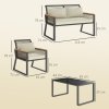 Outsunny 4 Piece Rattan Garden Furniture, 4 Seater Rattan Sofa Set, Round Wicker Rope Patio Conversation Set with 2 Armchairs, Loveseat, Glass Top Coffee Table and Cushions for Outdoor, Balcony, Grey