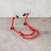 HOMCOM Motorcycle Stand Lift, 390 kg Capacity Convertible Front/Rear Motorbike Motorcycle Paddock Lift Stand with Adjustable U+L Fork Pin Adaptors, Wheels, Clamping Clips, Red