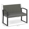 Outsunny 2 Seater Rattan Garden Bench, Outdoor Bench with Cushion, PE Wicker Garden Loveseat with Armrests, Galvanised Steel Frame for Patio, Park, Dark Grey