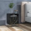 HOMCOM Marble Effect Bedside Table, Modern Side Table with Drawer, Open Shelf and Gold Tone Metal Legs for Bedroom, Living Room, Black