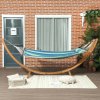 Outsunny Outdoor Hammock with Stand, Garden Hammock with Triple-Head Eucalyptus Wood Arc Frame, 1 Person Cotton Bed and Head Pillow, Freestanding Garden Swing Bed for Patio, Blue Stripe