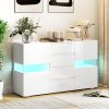 HOMCOM LED Sideboard for Living Room, High Gloss 2-Door Storage Cabinet with 4 Drawers and Remote Control, White