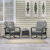 Outsunny 3 Pieces Rattan Bistro Set, Wicker Garden Furniture Set with Cushions, Glass Top Coffee Table and Rocking Chairs, Small Balcony Furniture for Outdoor, Porch, Black