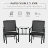 Outsunny Outdoor Double Glider Rocking Chairs with Glass Top Middle Table, Metal Gliding Love Seat Conversation Furniture with Breathable Mesh Fabric Seat, for Garden, Patio, Black