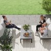 Outsunny 4 Piece L Shaped Garden Furniture Set, 4 Seater Garden Corner Sofa Set, 2 Loveseats with Removable Backs, 2 Wood-Plastic Coffee Tables and Thick Cushions for Outdoor, Grey