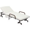 HOMCOM Folding Bed with Mattress, Single Guest Bed, Portable Fold Bed with Adjustable Backrest, Metal Frame on Wheels, White, 190 x 76 cm