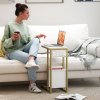 HOMCOM C Shaped Side Table with Storage and Charging Station, Faux Marble Narrow Bedside Table with Fabric Storage Bag and Steel Frame for Living Room, Bedroom, White