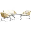 Outsunny 4 Piece Rattan Garden Furniture Set, Wicker Patio Outdoor Furniture Set with Loveseat, Armchairs, Glass Top Coffee Table and Cushions for Patio, Conservatory, Balcony, Natural Wood Finish
