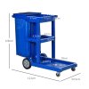 HOMCOM Cleaning Carts On Wheels, Janitorial Trolley with 3 Tier Shelves, Housekeeping Utility Service Unit with Rubbish Bag and Mop Mount for Hotel, Office, Blue