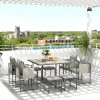 Outsunny 9 Piece Garden Dining Set, Cube Outdoor Garden Furniture Set with Cushions, 8 Seater Garden Table and Chairs with 4 Stools, Square PSPC Plastic Top Table, Side Pockets for Conservatory, Grey