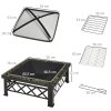 Outsunny Large Outdoor Fire Pit Table, 3 in 1 Square Wood Burning Firepit Metal Brazier, BBQ Grill, Ice Bucket w/ Grill Grate, Log Grate, Lid, Poker for Garden, Camping, Bonfire, 76 x 76 x 47cm, Black