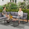 Outsunny 3 Piece L Shaped Garden Furniture Set with Cushions, Garden Corner Sofa Set with 3-Seater Sofa, Loveseat and Tempered Glass Top Table for Outdoor, Grey