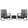 Outsunny 3 Pieces Rattan Bistro Set, Wicker Garden Furniture Set with Cushions, Glass Top Coffee Table and Rocking Chairs, Small Balcony Furniture for Outdoor, Porch, Black