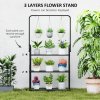 Outsunny 3 Tier Plant Stand with Hanging Rod and Hooks, Metal Plant Rack Shelf, Ladder Flower Pot for Indoor Outdoor Porch Balcony Living Room Bedroom, Black