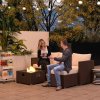 Outsunny 5 Piece Rattan Garden Furniture Set with Gas Fire Pit Table, 4 Seater Outdoor Sectional Sofa Set with Footstool and Removable Cushions, Modular Combination, Brown and Cream White