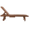 Outsunny Garden Patio Sun Lounger, Outdoor Wooden Sun Bed with Built-In Table, Reclining Backrest and Rolling Wheels for Sunbathing, Red Brown