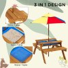 Outsunny Kids Picnic Table 3 in 1 Sand Pit Table Wooden Garden Furniture Bench Sand and Water Pit, with Removable Parasol, for Ages 3-6 Years Outdoor