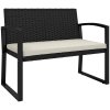 Outsunny 2 Seater Rattan Garden Bench, Outdoor Bench with Cushion, PE Wicker Garden Loveseat with Armrests, Galvanised Steel Frame for Patio, Park, Black