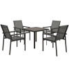 Outsunny 5 Pieces Garden Dining Set with Glass Top Dining Table, Outdoor Patio Table and 4 Armchairs with Texteline Fabric Seats and Backrest, Wood-plastic Composite Armrests Top, Grey