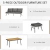 Outsunny 5 Piece Rattan Garden Furniture Sets, 6 Seater Outdoor Sofa Sectional with Wicker Sofa, Footstool and Wood-Plastic Coffee Table for Yard, Poolside, Grey