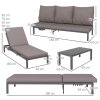 Outsunny 3 Pieces Garden Sun Loungers Set with Cushion, 5-level Adjustable Outdoor Recliner Bed Set w/ Glass Top Table, 2-In-1 Design Aluminium Frame Recliner Lounge or Use As Sofa Bed, Grey