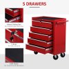 HOMCOM 5 Drawer Tool Box, Lockable Steel Tool Chest on Wheels, Rolling Chest Cabinet with 5 Drawers and Handle for Workshop, Garage, Red