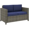 Outsunny Rattan Sofa, 2 Seater Garden Furniture with Soft Padded Cushion and Armrests, Wicker Garden Loveseat for Patio, Navy Blue