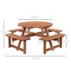 Outsunny 8 Seater Wooden Picnic Table and Garden Benches Set, Round Garden Dining Set with 4 Benches and Umbrella Hole Outdoor Garden Park, Brownish Red
