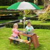 Outsunny Kids Picnic Table, Wooden Sand and Water Table with Benches, Adjustable Parasol, Storage Bins, Outdoor Garden Furniture for Kids 3-6 Years, Brown