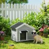 PawHut Dog House Wooden Dog Kennel Outdoor with Openable Asphalt Roof, Removable Floor, Door Curtain, Elevated Feet, for Medium Breeds, Light Grey