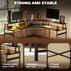 HOMCOM L Shaped Desk with Power Outlets and LED Lights, Corner Computer Desk with Monitor Stand, Gaming Desk for Home Office, Black