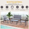 Outsunny 4 Pcs Curved Steel Outdoor Furniture Set w/ Loveseat, 2 Texteline Seats, Glass Top Table Garden Balcony Patio Furniture For Family Party Events Guests -Grey